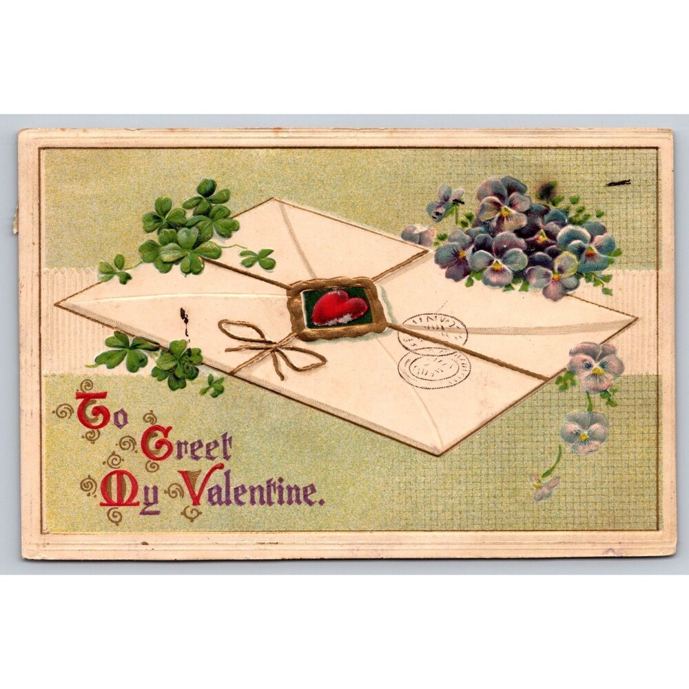 Antique 1913 Valentine Postcard Pansies Clover Panama-Pacific Balboa Stamp #397